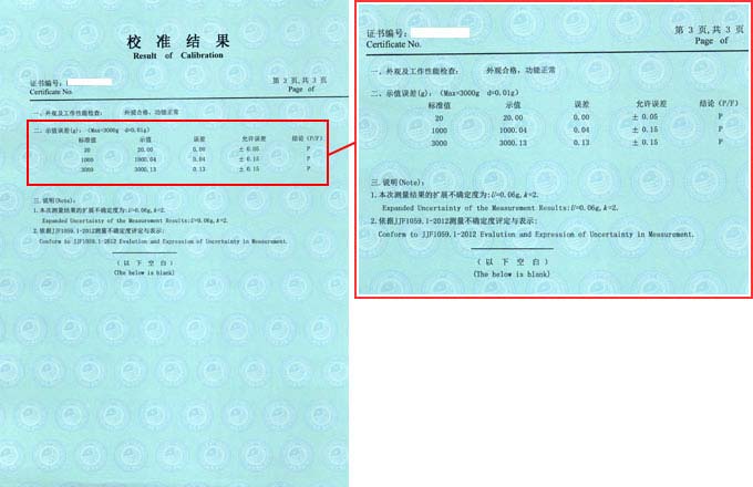 電子天平校準證書結果頁圖片 電子天平校準證書結果頁圖片